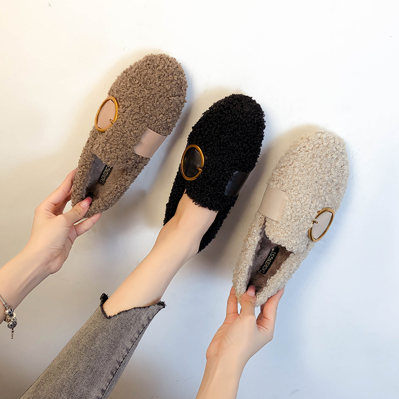 Gross Wool Shoes Woman 2020 New winter outwear Beans Shoes Lamb Wool Thick Bottom Cotton Shoes Plus Suede Single Shoes Big Size Women Shoes
