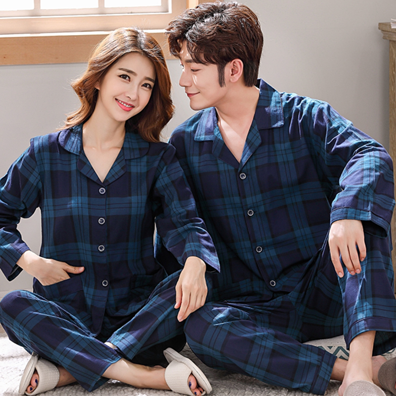 Pajamas for Couples, Cotton Spring and Autumn Long-Sleeved Cardigan Set, Plus Size, Men's and Women's Woven Cotton Plaid Home Clothes