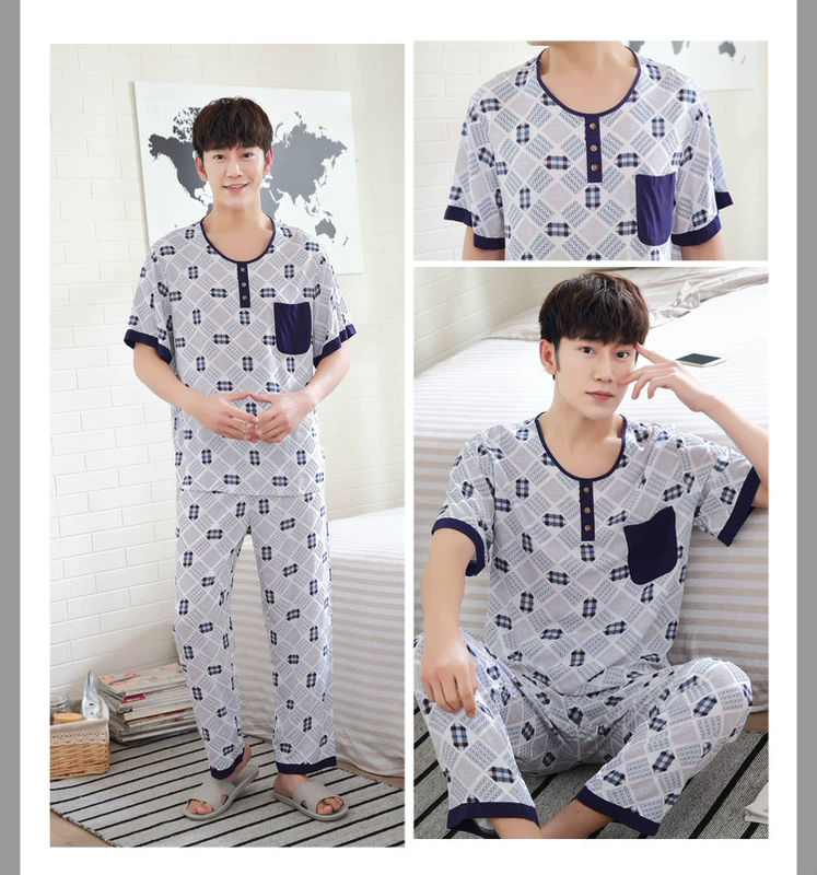 Mùa hè nam cotton lụa đồ ngủ mỏng ngắn tay mùa hè cotton silk đồ ngủ set nam nhân tạo cotton home dịch vụ kích thước lớn