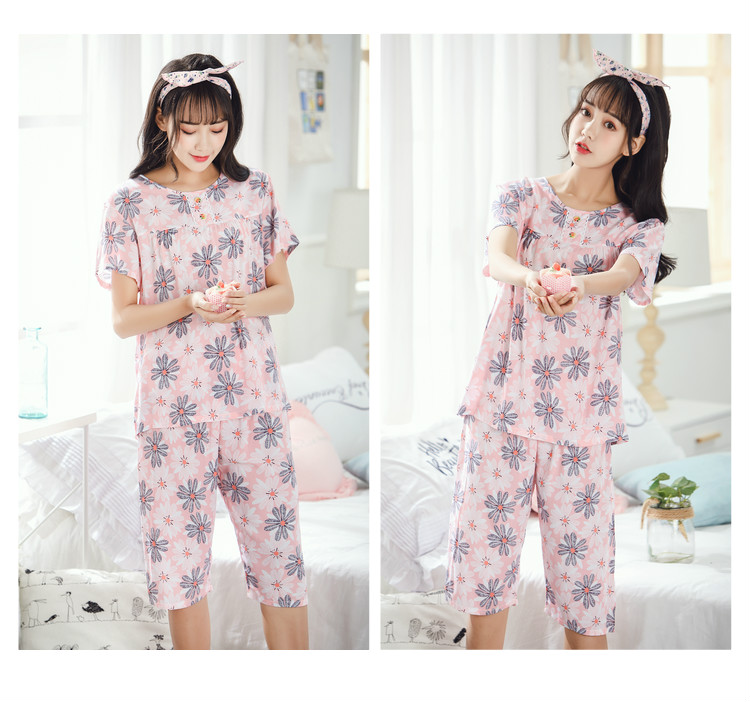 Mùa hè cotton ngắn tay kích thước lớn cotton lụa đồ ngủ cotton lụa ladies phù hợp với dễ thương giản dị nhân tạo cotton dịch vụ nhà