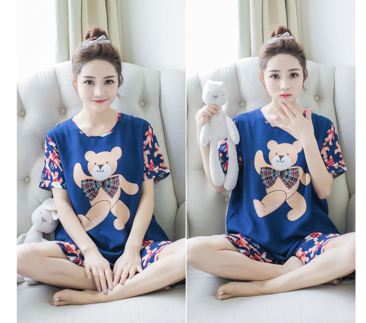 Mùa hè cotton ngắn tay kích thước lớn cotton lụa đồ ngủ cotton lụa ladies phù hợp với dễ thương giản dị nhân tạo cotton dịch vụ nhà