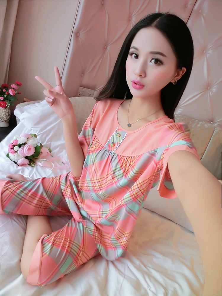 Mùa hè cotton ngắn tay kích thước lớn cotton lụa đồ ngủ cotton lụa ladies phù hợp với dễ thương giản dị nhân tạo cotton dịch vụ nhà