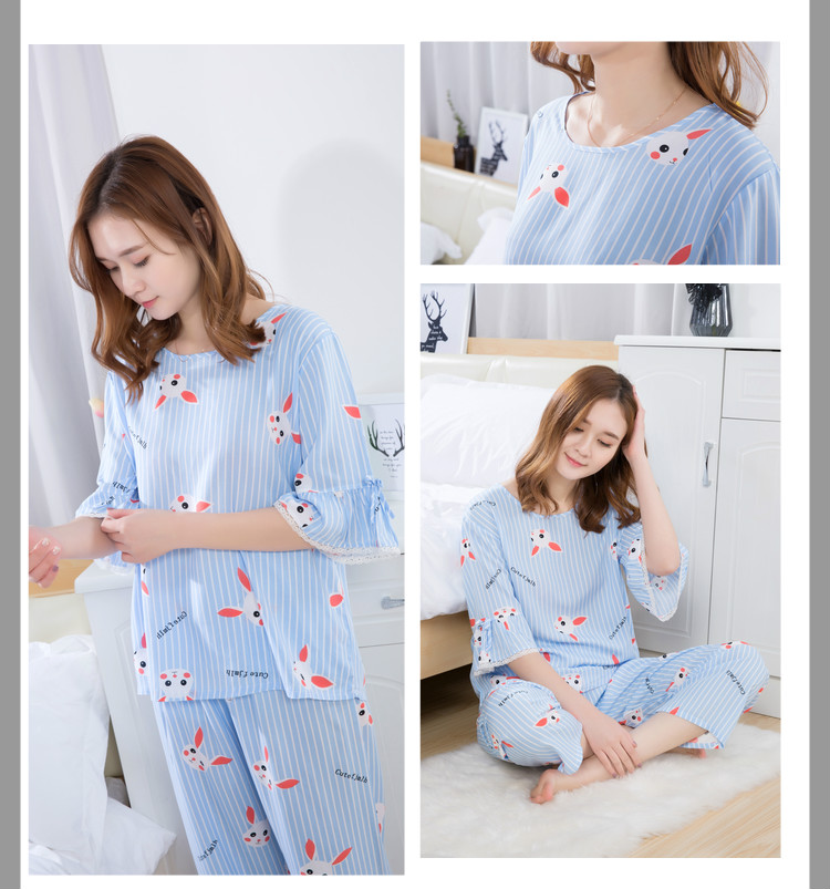 Mùa xuân và mùa hè bông lụa đồ ngủ nữ ngắn tay quần cotton lụa đồ ngủ phù hợp với mùa hè mỏng kích thước lớn cotton nhân tạo dịch vụ nhà