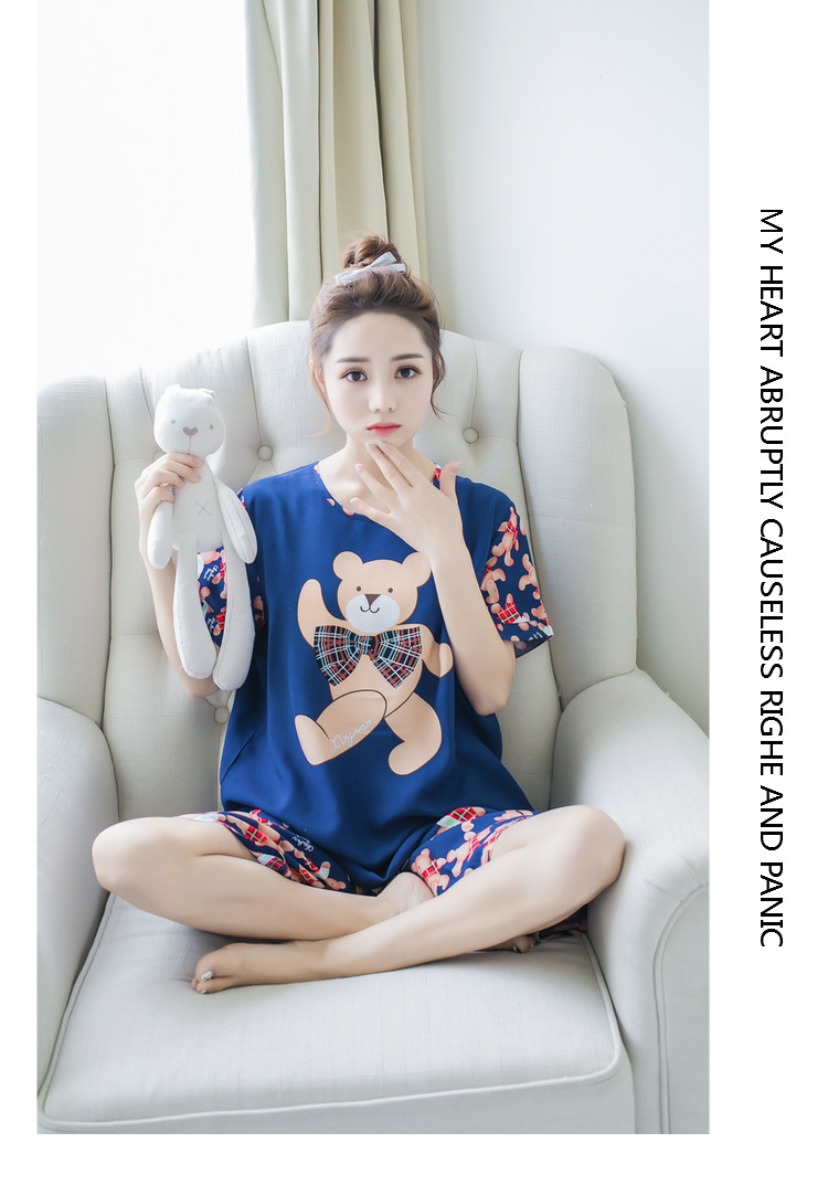 Mùa hè cotton ngắn tay kích thước lớn cotton lụa đồ ngủ cotton lụa ladies phù hợp với dễ thương giản dị nhân tạo cotton dịch vụ nhà