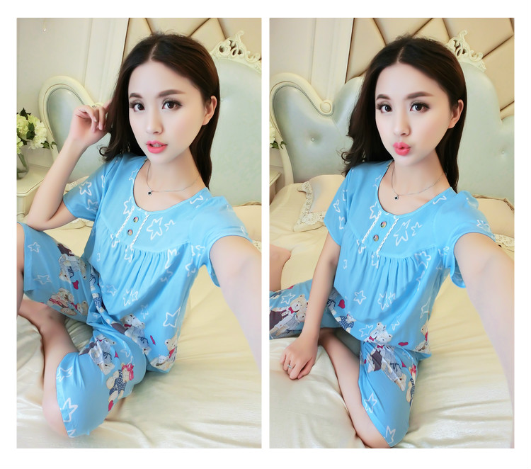 Mùa hè cotton ngắn tay kích thước lớn cotton lụa đồ ngủ cotton lụa ladies phù hợp với dễ thương giản dị nhân tạo cotton dịch vụ nhà