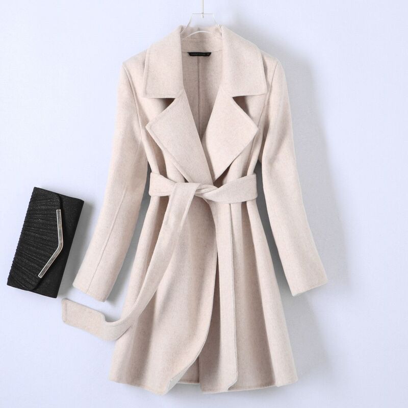 New Autumn and Winter Style Gentle Style Double-Sided Woolen Cashmere Coat for Women, Mid-Length, with Tie, Turn-Down Collar, Waist-Cinching, Slimming Woolen Coat New Autumn and Winter Style Gentle Style Double-Sided Woolen Cashmere Coat for Women, Mid-Length, with Tie, Turn-Down Collar, Waist-Cinching, Slimming Woolen Coat