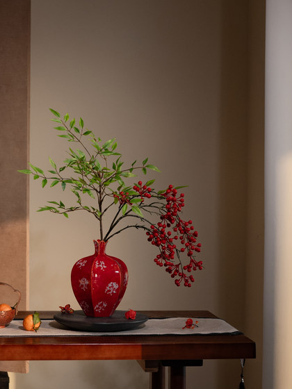 Artificial Green Plant with Fake Red Pomegranate Fruit in Ceramic Vase Decoration for Festive New Year in Living Room, Dining Room, or Entryway