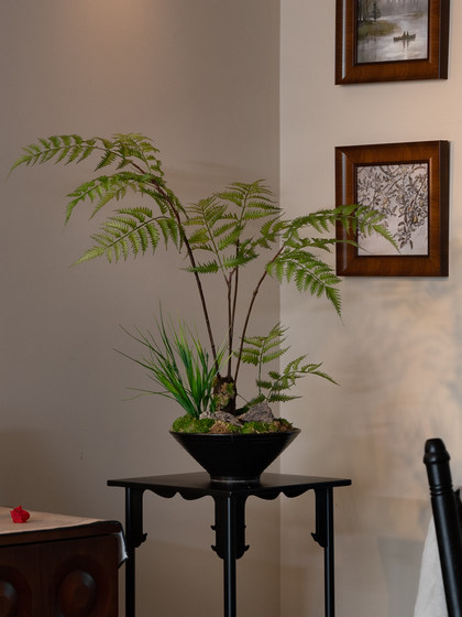 Faux Fern Potted Plant, Artificial Flowers, New Chinese-Style Tea Room Decoration, Zen-Inspired Entrance Decoration, Small Size