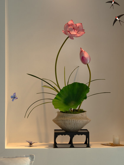 Lotus Bonsai Decorative Ornaments, Artificial Flowers, Realistic Entrance Hall, Tea Room, Song Dynasty Aesthetics, New Chinese Style Desktop High-Footed Basin