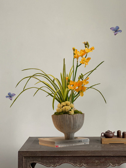 Orchid Artificial Bonsai with a High-End, Realistic Feel, Decorative Piece for Entryway and Tea Room, Sòng Dynasty Aesthetics, Fake Flowers, New Chinese Style, Zen-Inspired