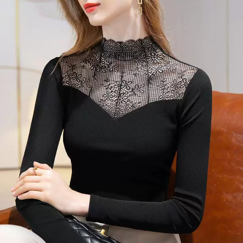 Кружевная основа body-friendly длинный рукав, высокий воротник, slim-fit, западный стиль