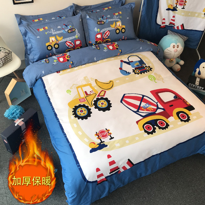 Pure cotton thickened brushed four-piece set children's boy cotton 1 2m three-piece set dormitory cartoon bed sheet quilt cover autumn and winter