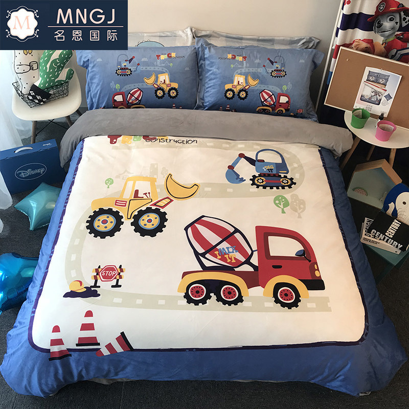 Baby velvet children's cartoon four-piece car boy flannel coral fleece mattress three-piece bed set winter