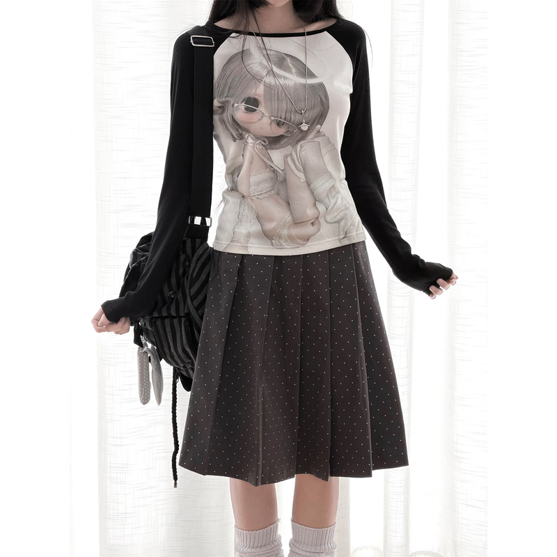 Kyoukobaby* Doll* Retro* Bjd Black and White Basic Raglan Sleeve Design Long-Sleeve T-Shirt for Women with Print