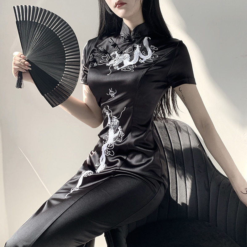 New Dark Black China Wind Qipao High Open Fork Long Version Disc Buckle Black Sexy Jk Improved Version Dragon Tattooed Body Dress