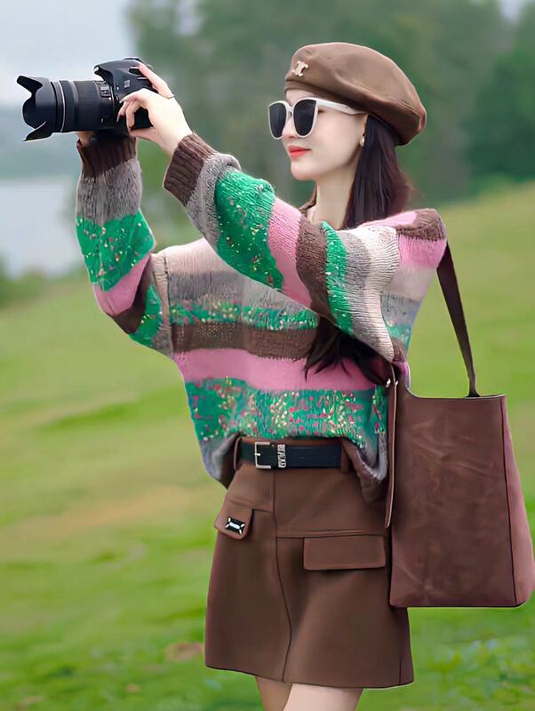 2023 Autumn/Winter New Style Pullover Fashionable Color-Block Striped Long-Sleeve Loose Knit Sweater for Women Versatile Age-Reducing Top Trendy 2023 Autumn/Winter New Style Pullover Fashionable Color-Block Striped Long-Sleeve Loose Knit Sweater for Women Versatile Age-Reducing Top Trendy