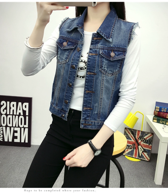 2018 xuân hè mới Quần áo nữ Hàn Quốc size lớn denim hoang dã vest vest ngắn triều áo khoác len nữ hàn quốc