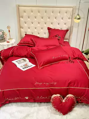 Wedding four-piece group cotton European pink princess style big red wedding bed linen quilt cover bedding