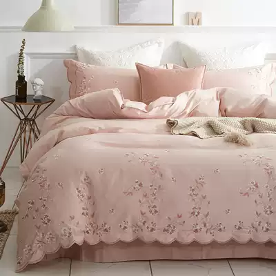 Four-piece cotton cotton 60 tribute satin embroidery wedding princess style pink girl heart sheets quilt cover bedding