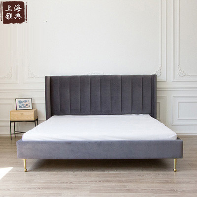 Solid wood master bedroom double bed modern minimalist Nordic wooden bed light luxury fabric bed headboard soft bag ins small apartment
