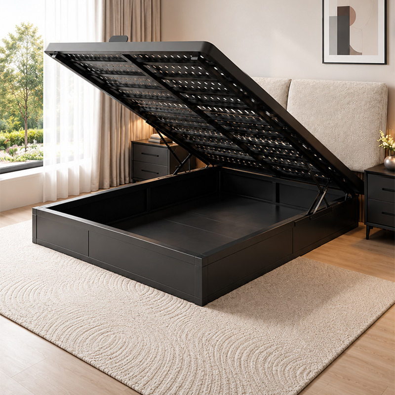 Iron Art Bed with Adjustable Height, Chenille Soft Headboard, Storage Perforated Panel Box Bed for Home Bedroom, 1.8m Double Beds