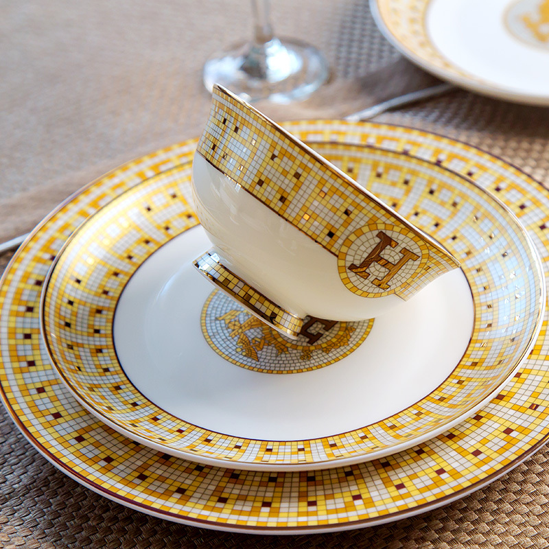 Jingdezhen High-End Dishes for Home Use, European-Style Gold-Rimmed Mosaic H Bone China Tableware, Hermès Bowl and Plate Set for Gift Giving