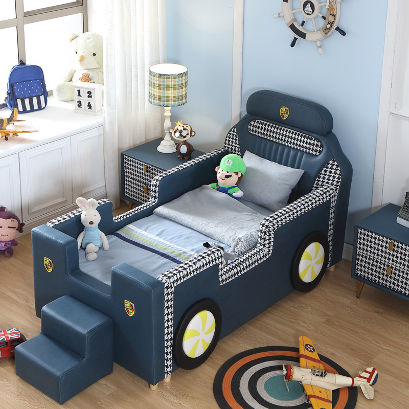 Island children's car bed boy girl baby single child bed with guardrail cartoon sports car widening stitching small bed