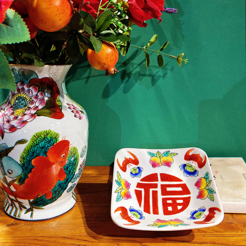 Hand painted glazed powder Painted Pottery Pan Chinese American Home High Foot Tray Fruits Dried Fruits Snack swing trays for trays-Taobao