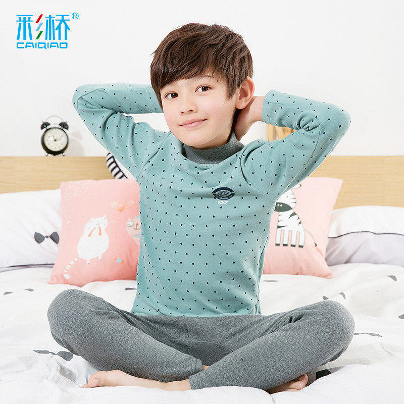 Autumn Winter Children Warm Underwear Suit Boy Suede Cotton Autumn Clothes Sanitary Pants Half High Collar Large Child Thickened Cotton Sweatshirt