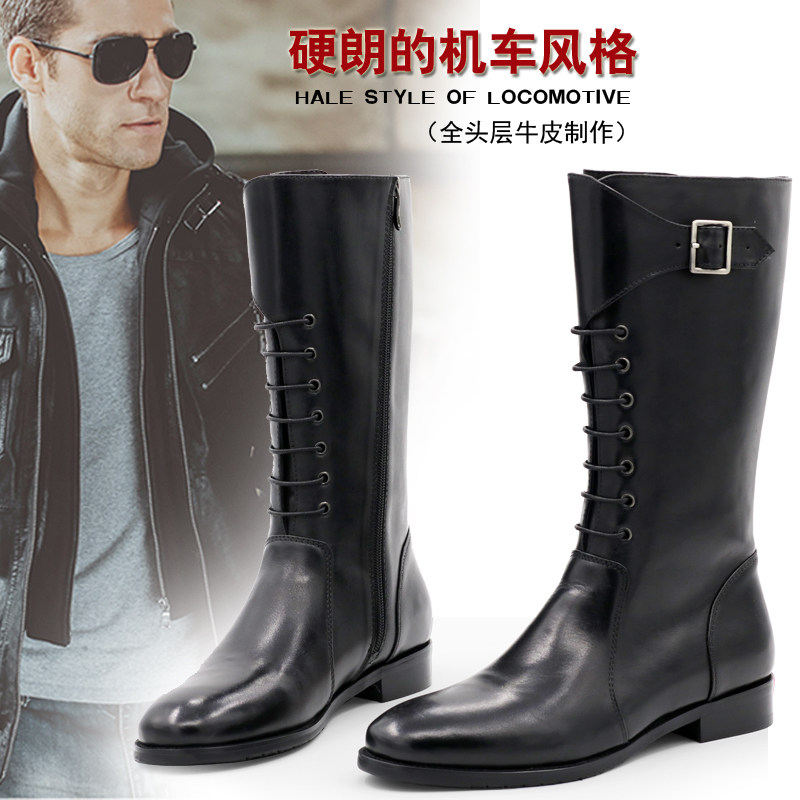 19 new high-top men's shoes high boots leather buckle casual long boots riding boots men's leather boots middle boots