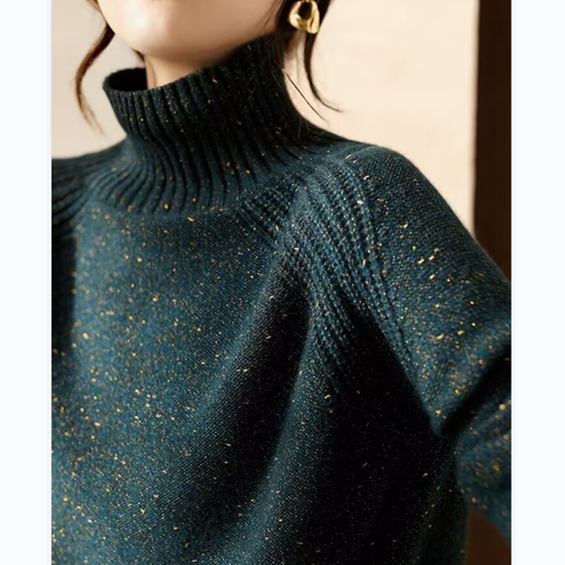 Symphony of Colors~Autumn and Winter High-Neck Shiny Cashmere Sweater for Women, Loose-Fit Golden Bead 7-Needle Double-Ply Thick Cashmere Sweater Symphony of Colors~Autumn and Winter High-Neck Shiny Cashmere Sweater for Women, Loose-Fit Golden Bead 7-Needle Double-Ply Thick Cashmere Sweater