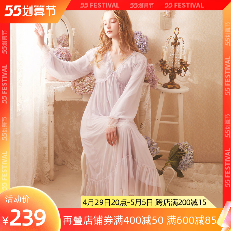 Rosetree Palace Court Sleeping Dress Lady Spring Autumn Season Sexy Lace Princess Wind Fairy woman Long dress sweet and beautiful retro home