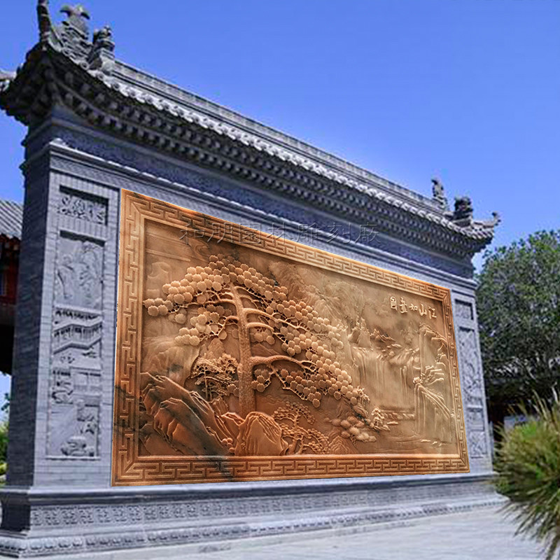 Sunset red stone carving relief floor carving mural marble carving courtyard wall decoration screen shadow wall photo Chinese style