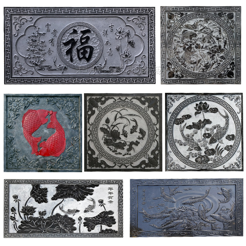 Green stone sculptures year over year with fish reliefs with large courtyard walls Carved Wall Photos of the wall Tread Stone Carp Lotus