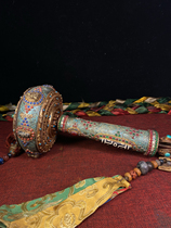 Tibetan area returned gilt copper inlaid with Dzi beads and gemstone prayer wheel