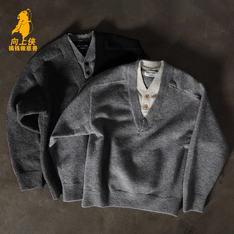 Make Money and Do Charity, Old Money Style Deep V-Neck Fake Two-Piece, Xiangshangxia Sweater for Men, Casual Button-Up Multi-Wear Knitwear