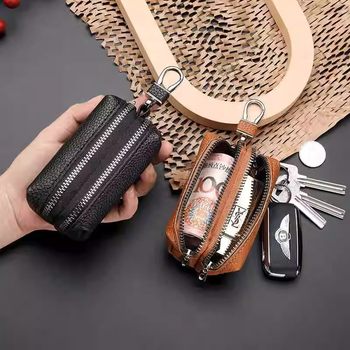 Large-Capacity Key Bag for Men and Women, Genuine Leather Texture, Zipper Key Bag, Compact Mini Storage Coin Purse, Multi-Functional