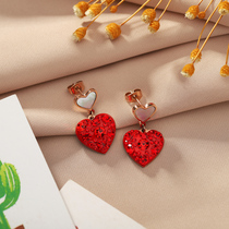 Red full Diamond Love earrings 2021 New Tide shell heart temperament French Net red earrings earrings female earrings