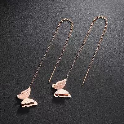 2020 New Tide Korean temperament long version earring butterfly tassel titanium steel earrings ear refining Super fairy hypoallergenic ear needle