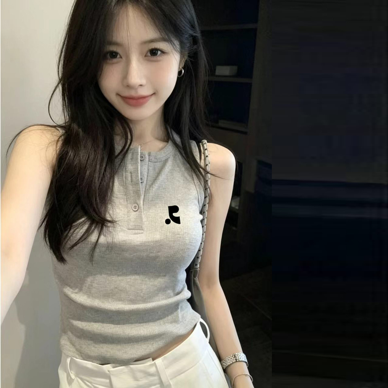 Korean Purchase Reat Racrartian Sleeveless T-Shirt Vest for Women, Summer Round Neck Button Design Slim Fit Top Trendy