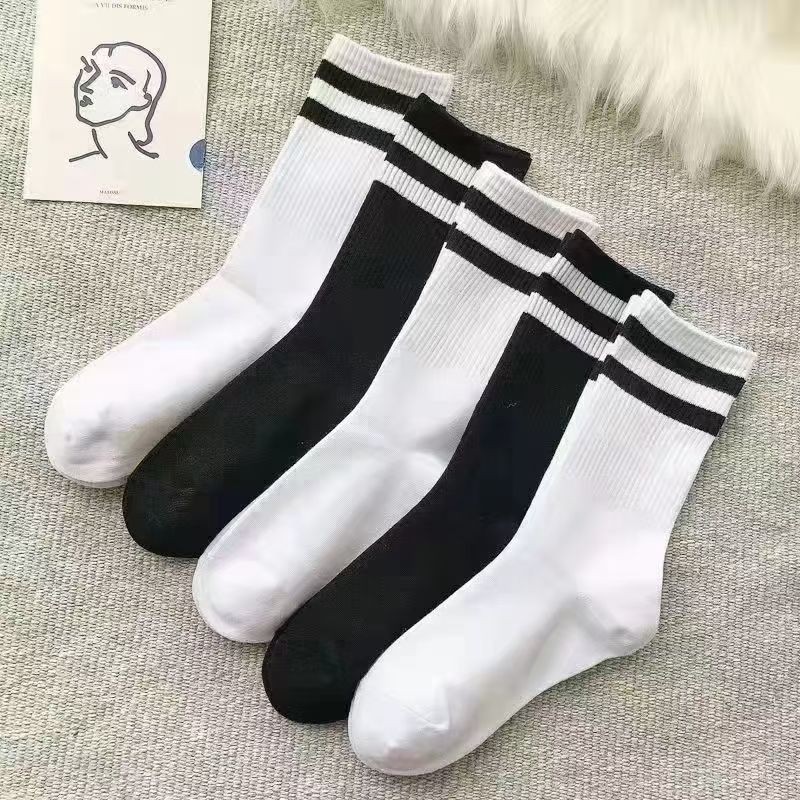 加厚袜子中筒二杠黑白配色