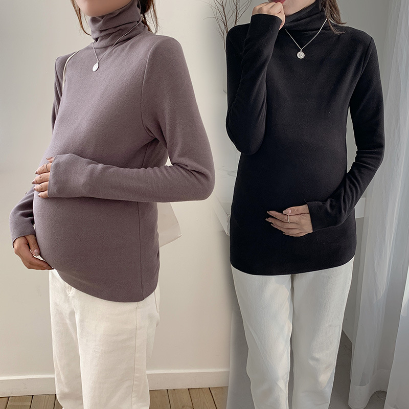 Pregnant women winter bottoming shirt women plus velvet thick inner T-shirt late pregnancy turtleneck top shirt autumn and winter bottoming