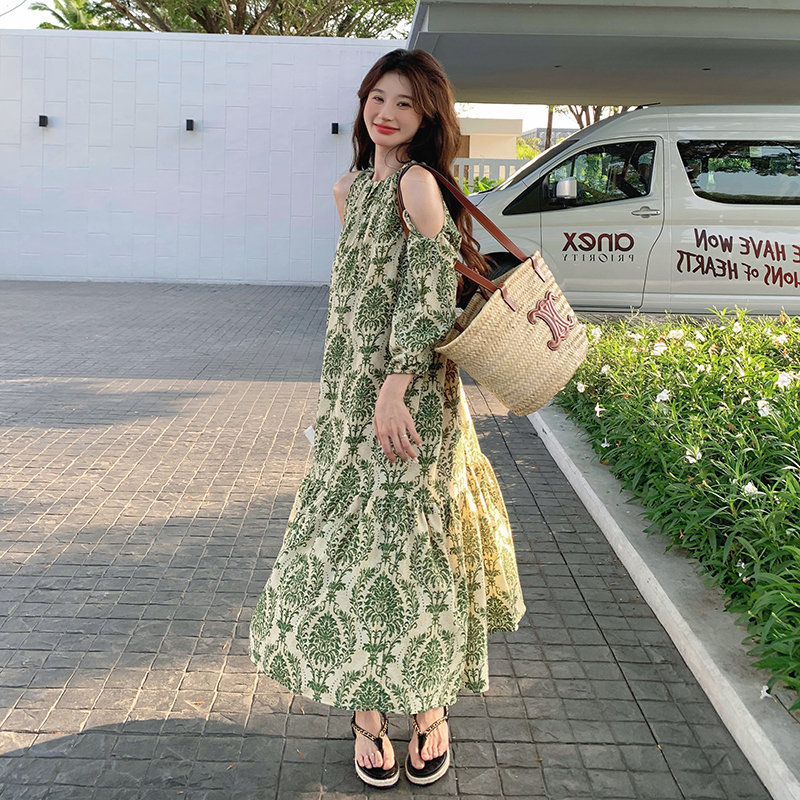 High-End Maternity Dress, French Off-Shoulder Floral Skirt, Summer Large Size Loose-Fitting Belly-Covering Late Pregnancy Summer Dress