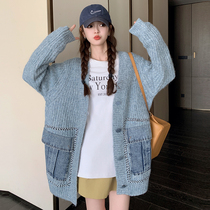 Pregnant womens autumn and winter clothing sweet age-reducing denim splicing knitted sweater cardigan womens autumn outer wear loose belly-covering coat