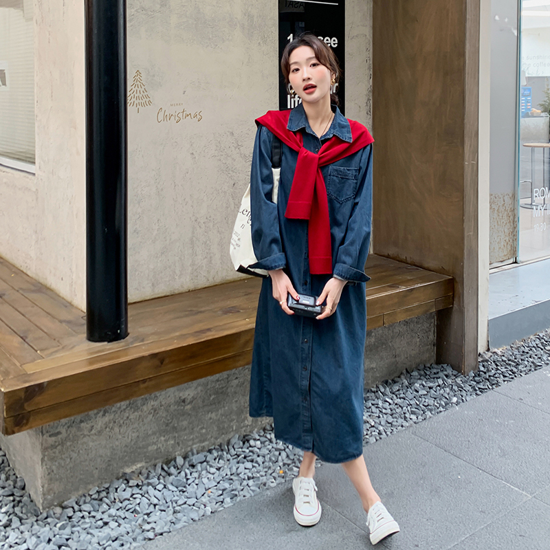 Maternity Spring and Autumn Clothing Retro Denim Shawl Shirt Long Dress Autumn Plus Size Loose Nursing Dress
