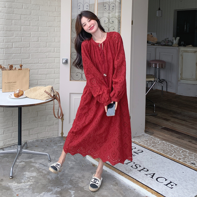 Maternity Spring and Autumn Red Wedding Dress with a High-End Feel, Hollow-Out Design, Early Autumn Plus-Size Loose Dress That Covers the Belly