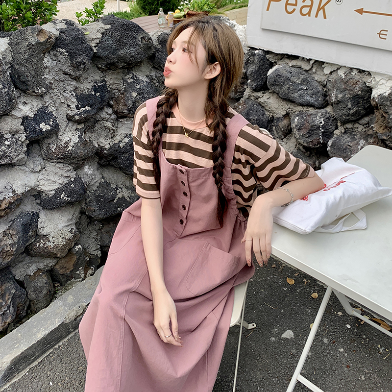 Maternity Suspender Dress Set, Workwear, Sweet Striped T-Shirt Dress Two-Piece Set, Loose Fit, Belly-Covering, Fashionable Summer Outfit
