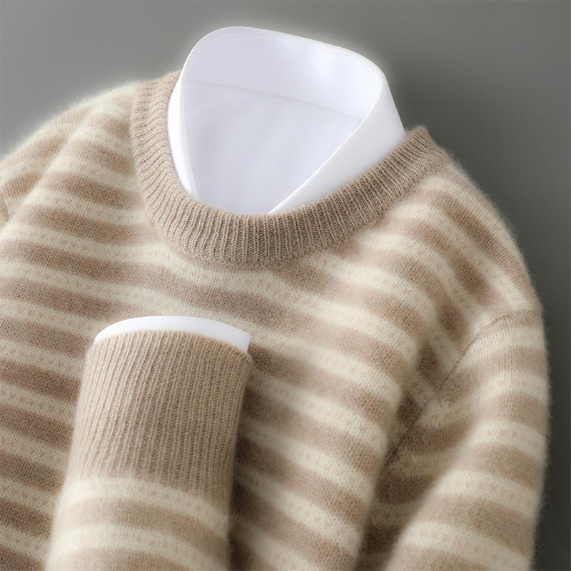 Autumn and Winter Round Neck Striped Color-Blocked 100% Pure Cashmere Sweater for Men, Thick Pullover Sweater, Loose Knit Wool Sweater, Base Layer Autumn and Winter Round Neck Striped Color-Blocked 100% Pure Cashmere Sweater for Men, Thick Pullover Sweater, Loose Knit Wool Sweater, Base Layer
