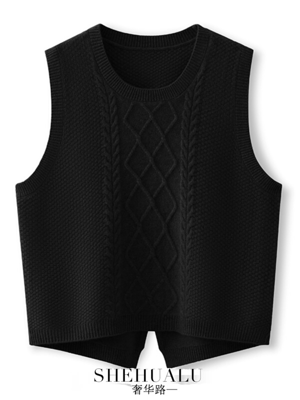 100% Pure Wool Knitted Vest for Women, Spring and Autumn 2025 New Style, Versatile Layering, Round Neck Black Sweater Vest