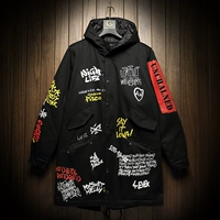 Mùa đông cộng với áo gió dày cotton áo khoác dài trùm đầu graffiti thủy triều BF gió Trung Quốc có áo khoác cotton hip hop áo gió phản quang